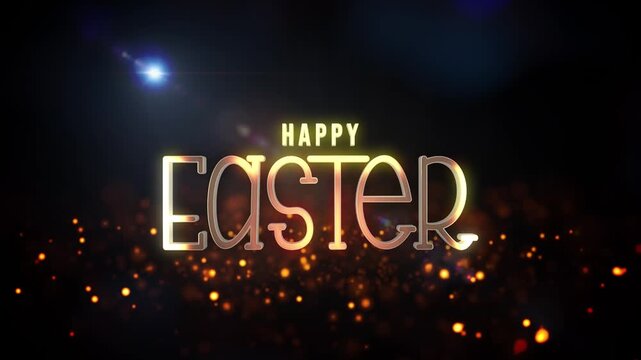Happy Easter gold text shine light motion cinematic title on black abstract background.
