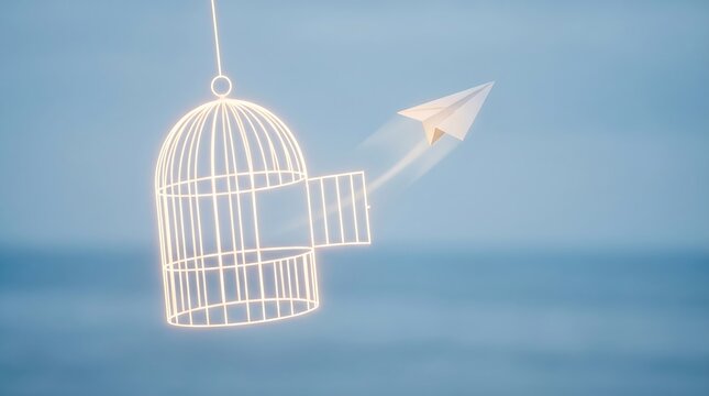 Glowing light birdcage with an open door and a paper airplane flying out on a blue background, surreal concept for career freedom, creative liberation, and business innovation.
