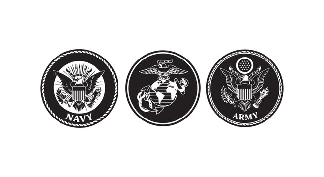 United States military seals navy marine corps army emblems, circular badges with eagles and globes.