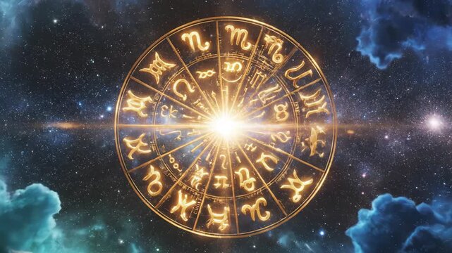 Zodiac wheel in cosmic space for tech concepts, digital marketing, and scientific projects