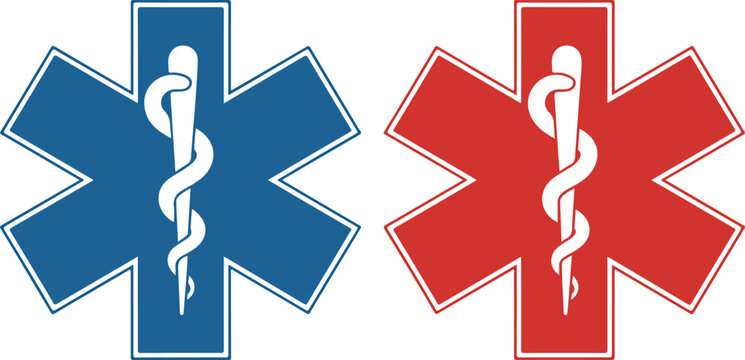 Blue and red Star of Life medical emergency symbols with Rod of Asclepius vector illustration isolated on white