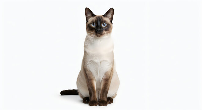 A siamese cat with blue eyes sitting upright on a white background looking directly at the camera with alert expression