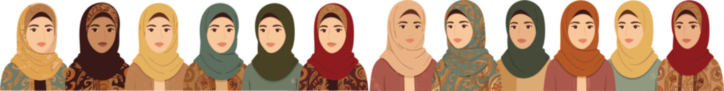 A diverse row of Muslim women wearing colorful hijabs and traditional patterned clothing unity cultural identity confident female representation in a modern multicultural community flat vector