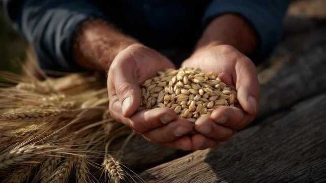 Close-up of weathered hands gently holding golden wheat grains over a rustic wooden surface, scattered dry stalks surrounding the palms, warm sunlight casting soft shadows, rich te