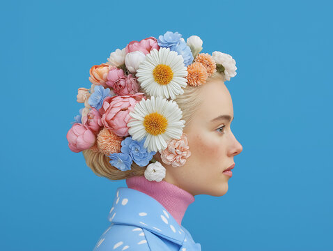 A woman in side profile wears pastel flowers woven into her hair and a powder blue coat on a blue background. Minimal floral fashion concept with soft elegance.