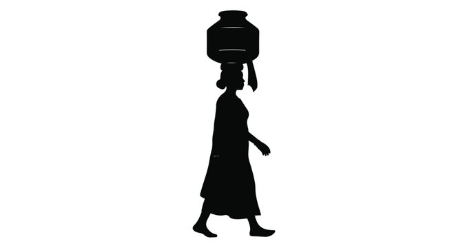 African woman walking carrying water pot on head silhouette profile view traditional rural setting