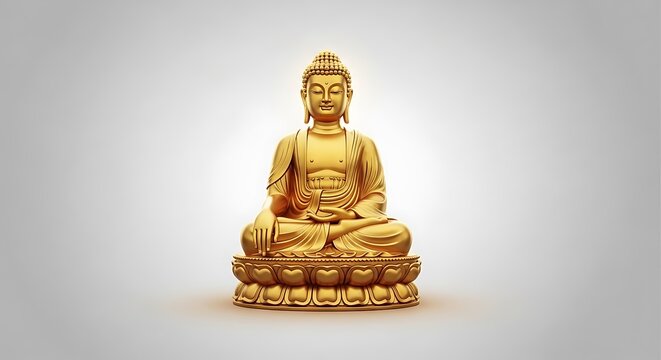 Golden buddha statue sitting in lotus position on a pedestal, isolated against a soft gray background