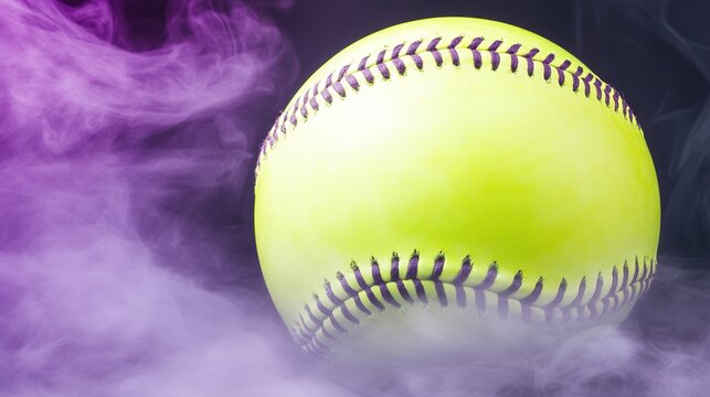 Vibrant neon yellow softball suspended in dramatic purple smoky atmosphere with stitched seams