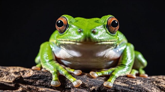 Vibrant green tree frog with large eyes on dark background