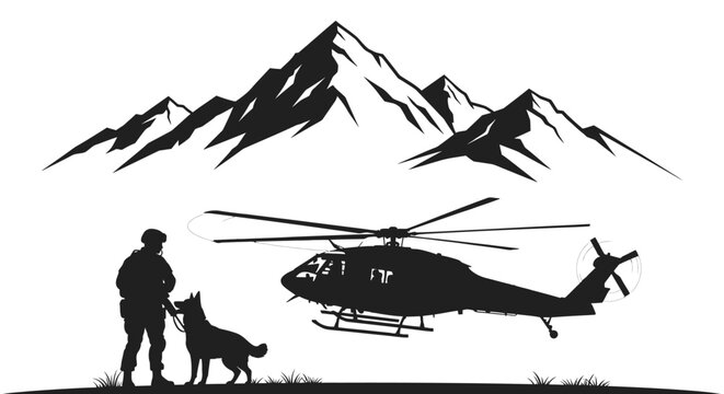 Military Helicopter and K9 Unit Soldier in Mountainous Terrain Silhouette