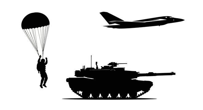 Military Paratrooper, Jet Fighter, and Tank Silhouette on White Background