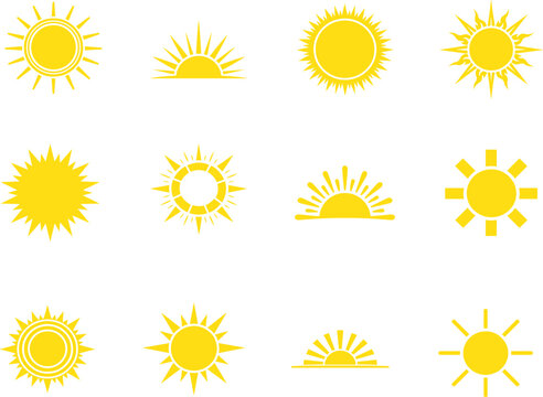 Yellow sun icon set with sunrise sunset glow and solar energy symbols isolated on white background.