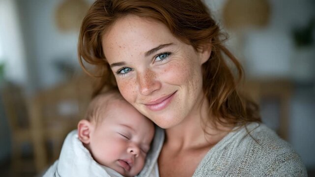 Red-haired mother with freckles smiling warmly while rocking her swaddled sleeping newborn in her arms, soft natural window light casting gentle highlights on the baby&rsquo;s peaceful f