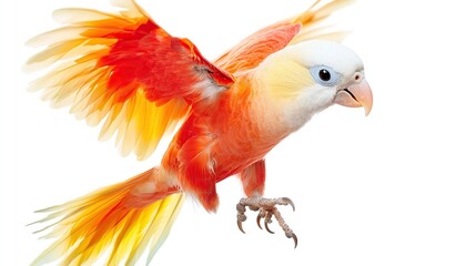 Fototapeta premium Vibrant orange and yellow parrot soaring with outstretched wings against white background