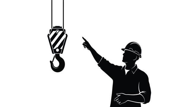 A construction worker in a hard hat points toward a hanging industrial crane hook showcasing workplace safety awareness silhouette high quality professional detailed modern