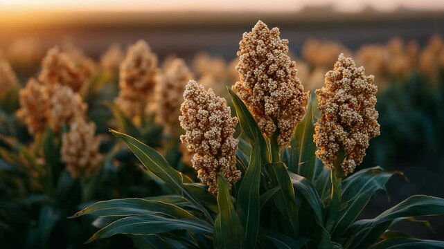 Ripening sorghum heads standing tall in a sunlit farm landscape, dense clusters of seeds illuminated with warm golden light while delicate spider silk threads shimmer between them,
