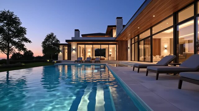 Modern house with pool at dusk for environmental projects, nature documentaries, and commercials