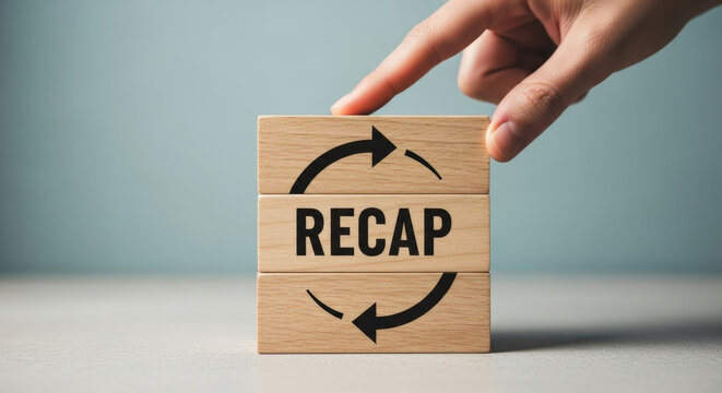 Recap Concept Wood Blocks Stacked Refresh Review Feedback Summary Information Update Cycle Repeating Turn Arrow Wooden Background