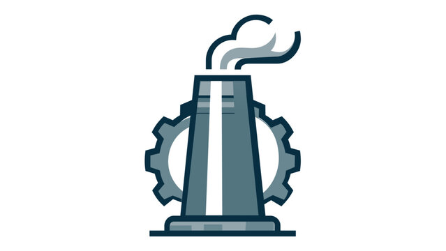 Industrial manufacturing plant vector icon illustration featuring a smoking chimney stack and mechanical gear, symbolizing production, engineering, and heavy industry in a minimalist flat design.