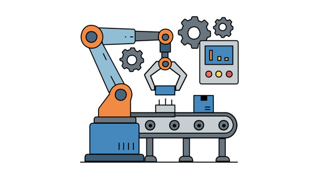 Industrial automated manufacturing line vector illustration with robotic arm, conveyor belt, gears, and control panel for factory production, smart technology, and engineering concepts.