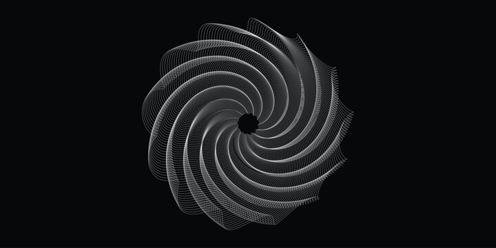 Abstract spiral vortex vector, dark metallic geometric swirl, futuristic monochrome 3D turbine shape on black background