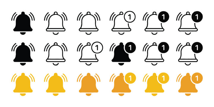 Fifteen bell notification icons arranged in three rows showing different styles colors and alert badges with one number.