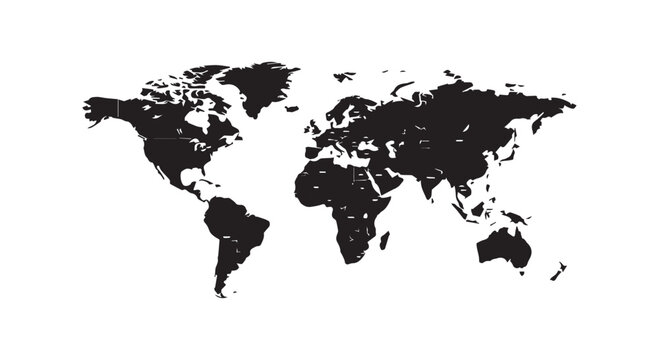 World map silhouette with global continents and islands black simple shape for international geography design concepts.