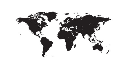 Naklejka premium Minimalist world map vector silhouette displaying global landmasses on plain white background for corporate presentation.