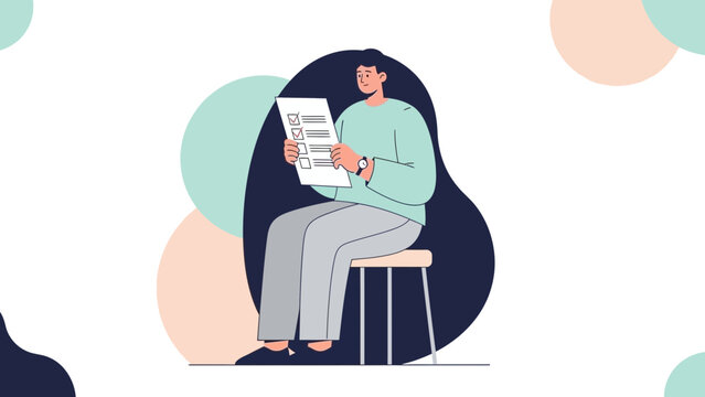 Man Sitting on Stool Filling Out Checklist, Modern Flat Illustration