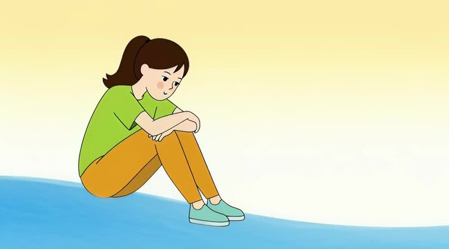 A young girl sitting alone feeling sad and depressed.