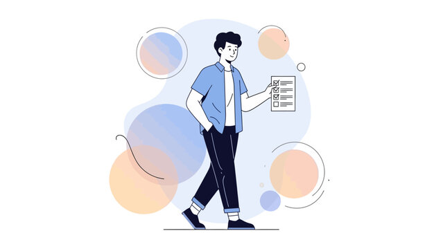 Man walking with checklist, modern flat illustration, abstract background