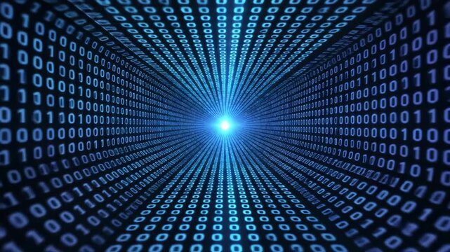 Binary code tunnel with glowing center for commercial backgrounds, digital design, and advertising