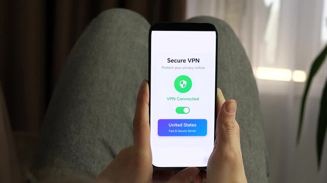 Activating a virtual private network on a mobile device for safe surfing. Smooth transition from loading to a green connected status. Great for tech tutorials, cybersecurity ads, and e-commerce safety