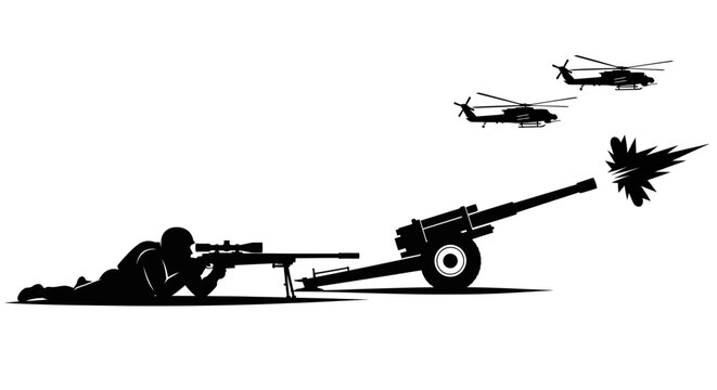 Military sniper, artillery gun firing, and attack helicopters in action, war concept