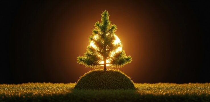 Small Pine Tree Growing on Grass Hill Backlit by Golden Light - Sustainability and Minimalist Christmas Concept