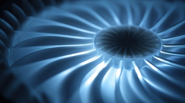 Inspection of fan blades. Testing environment showcasing translucent rotor with blue illumination. Scientific evaluation of fan blades under cool blue backlight in laboratory conditions