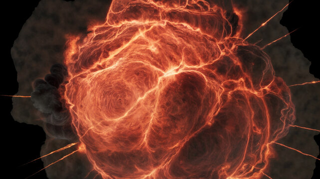 Aerial close-up view of Huge explosion with a yellow-orange core and a dark smoke cloud surrounded by glowing embers and bright debris on a dark background