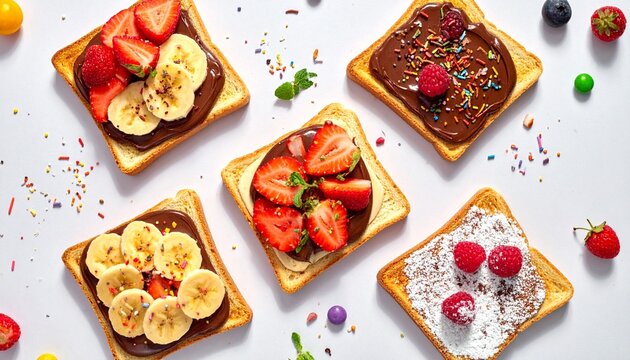 Five delicious toasts topped with fruits and spreads on a table