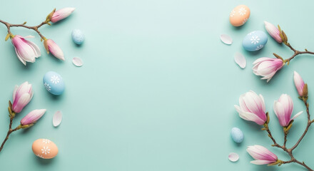 Obraz premium Springtime Easter Eggs with Magnolia Flowers on Turquoise Background Floral Seasonal Ornament Flat Lay Pastel Colors Holiday Decoration Bloom Freshness
