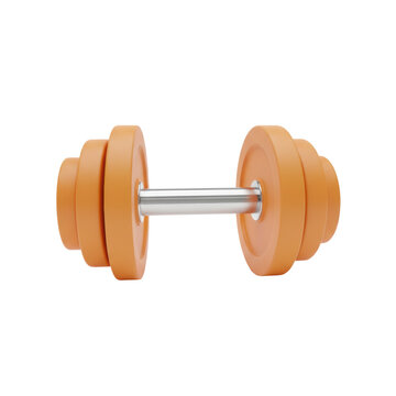 A sleek, stylized dumbbell with a polished silver bar and four bright matte orange weight plates, isolated on a transparent background with soft studio lighting, fitness and modern design concept