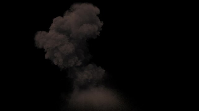 Front view of Missile Strike with side debris and dust from the ground with smoke dissipation on a black background