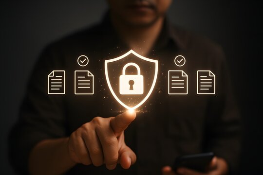 Man interacting with a digital security interface on his phone with a shield and lock icon