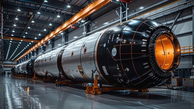 A large spacecraft module sits under intense overhead illumination in a modern aerospace facility, where engineers and technicians assemble and test the complex structure