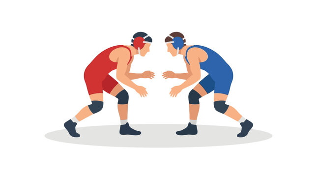 Dynamic illustration of two male wrestlers in red and blue uniforms preparing for an intense competition on a mat, symbolizing strength, skill, and athletic challenge