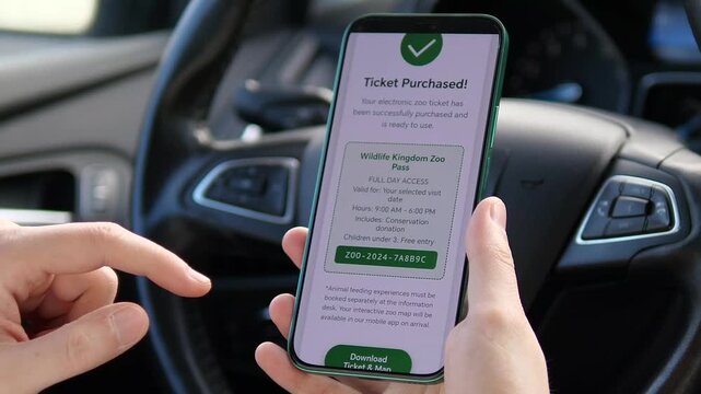Person buying zoo tickets on smartphone inside a car. Detailed app interface showing ticket processing and green checkmark for success. Ideal for fintech, leisure industry, and digital lifestyle