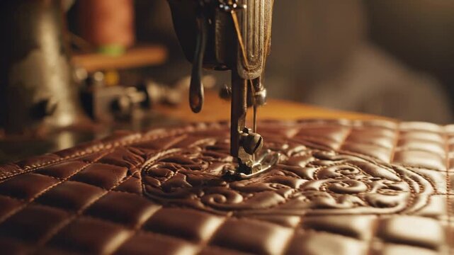 Vintage sewing machine needle stitching quilted brown leather fabric