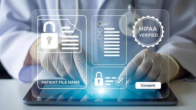 Healthcare professional in sterile gloves interacting with a digital interface displaying patient data security hipaa compliance verification and consent options on a tablet
