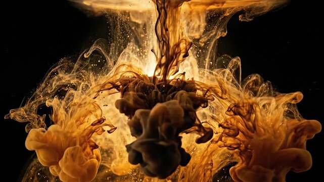 A macro photograph of a single drop of fermented miso paste dissolving into dashi broth, the dark paste cloud billowing outward in slow motion, amber and brown pigment tendrils