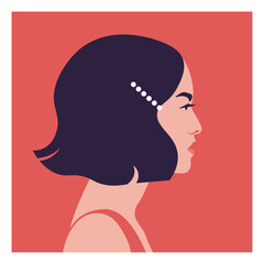 Flat vector profile portrait of an elegant Asian woman with a stylish short dark bob and pearl hair clip against a bold red background. Ideal for modern avatars. © moremar