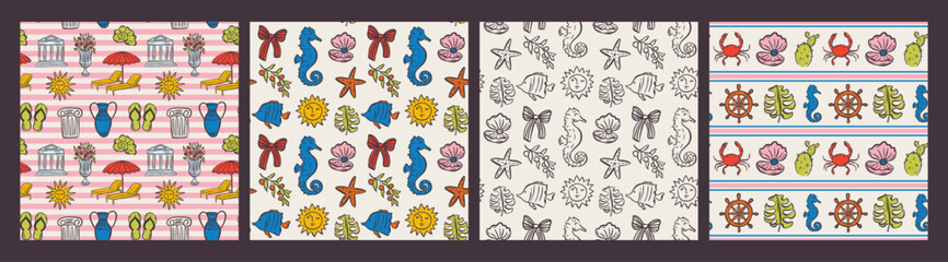 Obraz premium Whimsical hand drawn summer seamless pattern in trendy hand drawn style. Perfect background for quirky italian wedding holiday, poster cards, dinner and bar menu, fabric, wrapping paper
